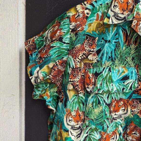 Vintage 90s Mens Jungle Print Short Sleeve Button Down Shirt XL Tiger Leopard - Picture 5 of 10